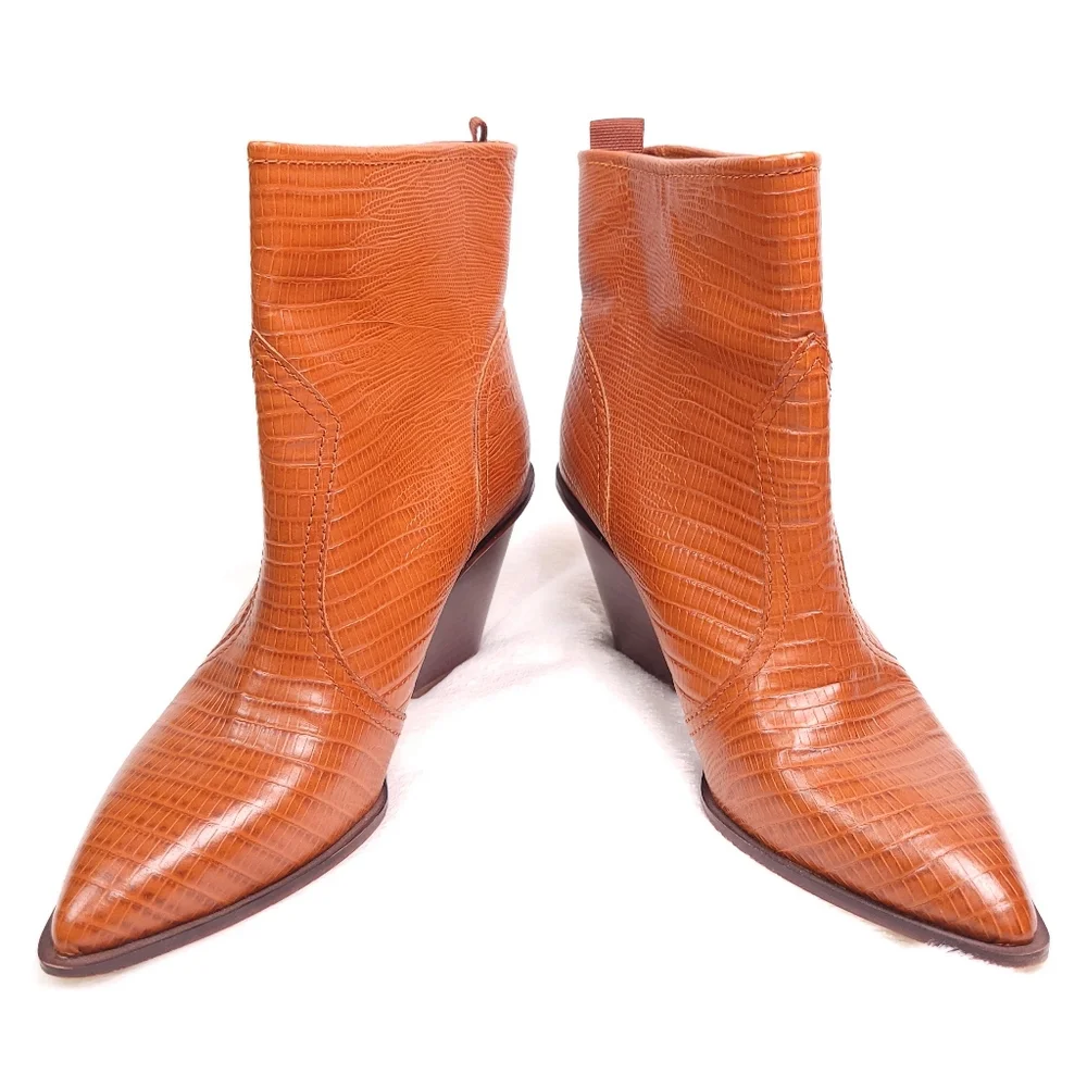 SARTO By Franco Sarto Tan Croc-Embossed Pointed Toe Ankle Boots